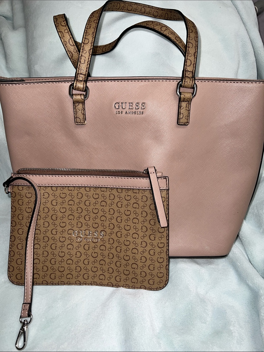 Guess Pink Tote with Monogram Accent Pouch